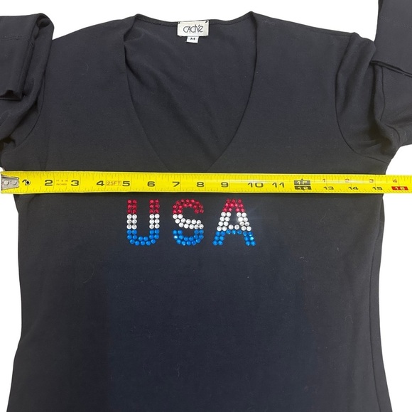 Vintage Cache Navy Blue V-Neck Top USA Rhinestones Medium July 4th EUC Made USA - Picture 6 of 8